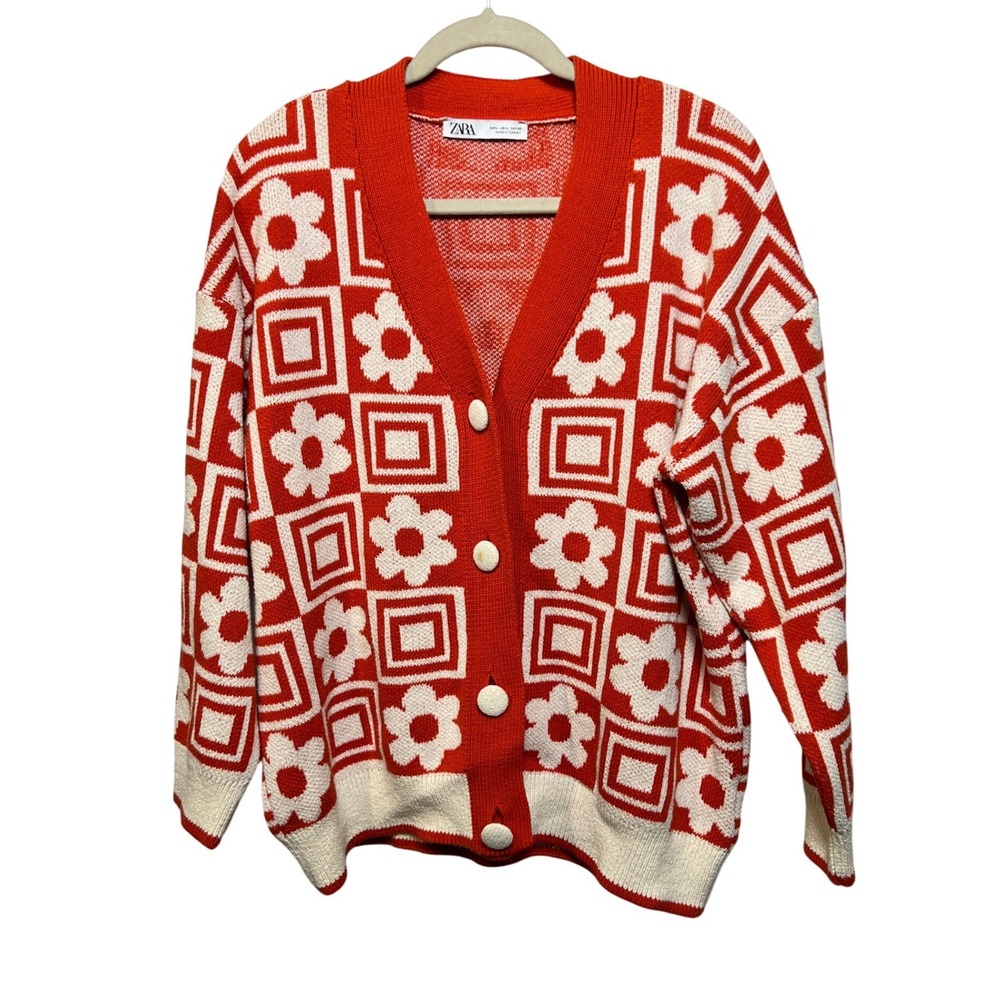 Zara Red Cream Floral Geometric Knit Oversized Cardigan Sweater Large L 2875